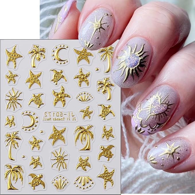 2Pcs Summer Nail Stickers for Nails Art 5D Gold Ocean Nail Decals Self Adhesive Tropical Starfish Sea Turtle Coconut Tree Nail Design Sticker Summer Beach Nails Art Stickers Accessories for Women DIY