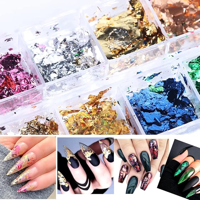 Gold Nail Art Glitter & Sequins Holographic Irregular Foil Sticker 3D Glitter Foil Flakes Decals - 12 Colors