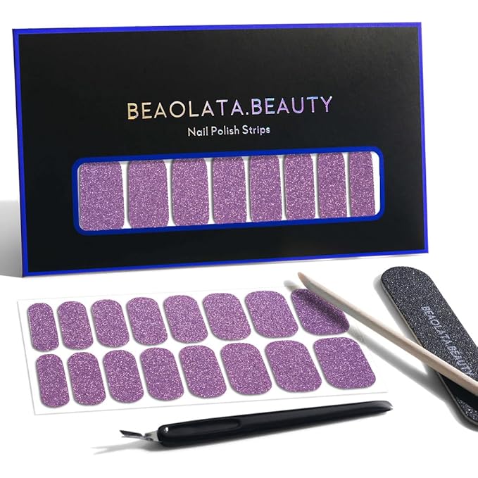 Nail Polish Strips, 32PCS Salon Quality Wraps, Long Lasting Gel Nail Stickers for Women Easy Apply& Remove (Gleaming Glitter Violet)