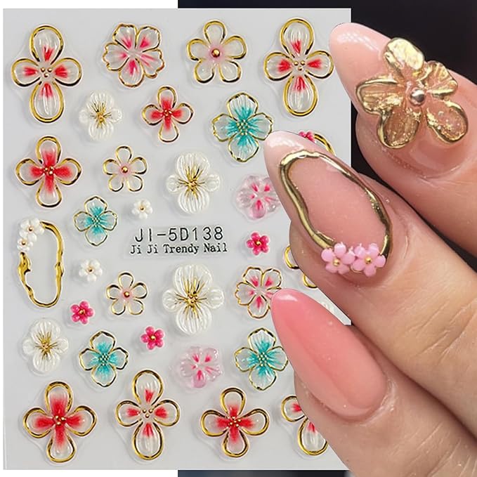 Flower Nail Art Stickers, 4PCS 5D Embossed Sticker for Nail Art, Spring Floral Nails Design 5D Relief Decals Hibiscus Flowers Nail Adhesive Sticker Slider Charm Decor DIY Manicure Accessories Supplies