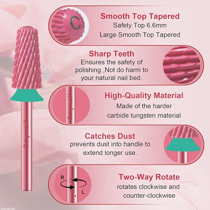 3/32" Large Tapered Smooth Top Bit Tungsten Carbide Nail Drill Bit Safety Bit for Gel & Acrylic Removal, 2- Way Rotating Efile Tip, Salon Electric File Accessory (C Girt, Rose Red)