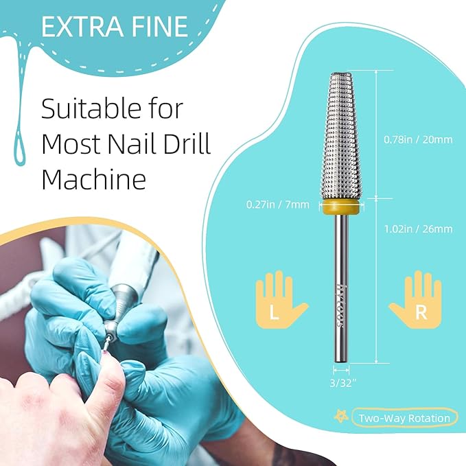 Long 5 in 1 Nail Drill Bits, XF 20mm Carbide Tapered Nail Bit, Straight Cut Safety Drill Bits for Nails, 3/32 Two-way, Electric Manicure Drills Removal Base Coat
