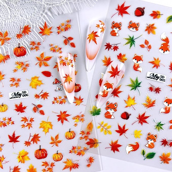 6 Sheets Fall Nail Stickers 5D Embossed Autumn Maple Leaf Nail Art Decals Thanksgiving Pumpkins, Fox, Squirrel, Ginkgo Leaf Design Self-Adhesive Fall Stickers for Nails DIY Manicure Supplies