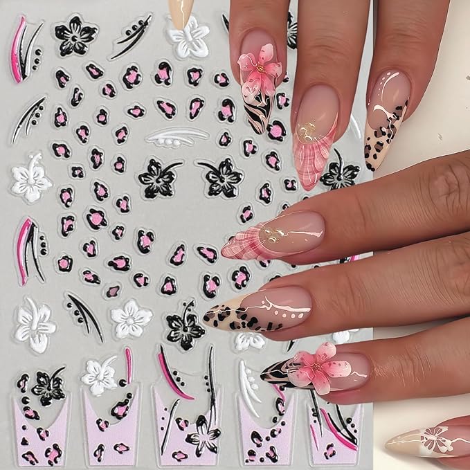 6 Pcs Fall Winter Flower Nail Art Stickers Decals Leopard Print French Flowers Nail Decals 5D Embossed Golden Circle Hibiscus Nails Designs Vacation Fall Brown Leopard Flower Nail Supplies for Women