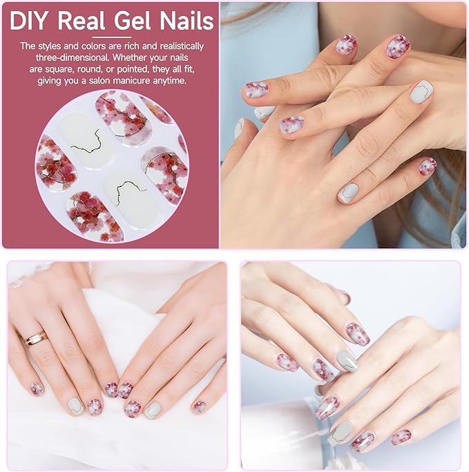 Semi Cured Gel Nail Strips | 28 pcs Gel Nails Strips Work with Any UV Lamps, Long Lasting UV Nail Stickers for Women DIY Nails Wraps(Sakura White)