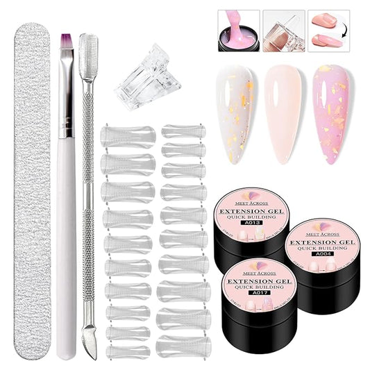 MEET ACROSS Poly Nail Gel 8Pcs Nail Extension Gel Set and Nail Extension Starter Kit for Beginners Nail Art DIY Home Gifts for Women (Pink + Gold Foil, 8pcs)
