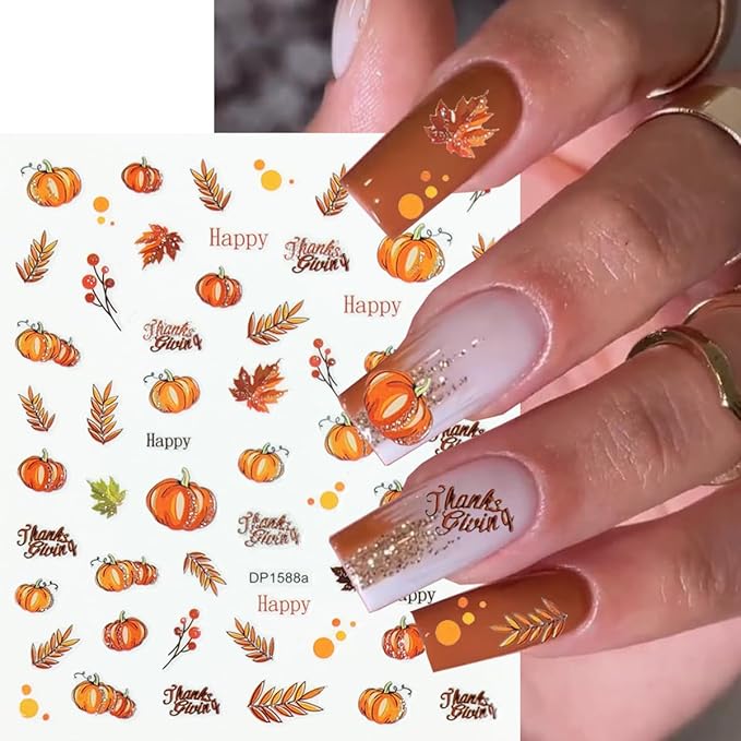 Autumn Nail Stickers Pumpkin Nail Art Stickers Fruit Nail Decals Fallen Leaves Maple Leaf Pear Grapes Hat Design Orange Thanksgiving Sticker for Nails DIY Manicure Decoration for Women 6 Sheet