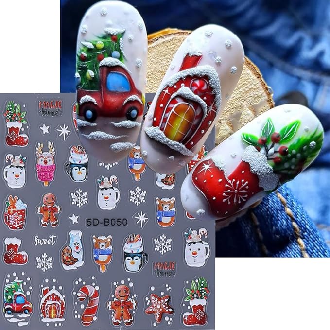 4 Sheets Christmas Nail Stickers for Nail Art, 5D Embossed Self-Adhesive Nail Decals, Mushroom Nail Supplies Nail Art Design Accessories for Women and Girls Manicure DIY Decoration