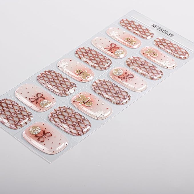 Christmas Semi Cured Gel Nail Strips, 16 Pcs Winter Xmas Gel Nail Stickers Gingerbread Man Bell Snowflake Designs Wraps for UV/Led Manicure Lamp Nails Art Decorations