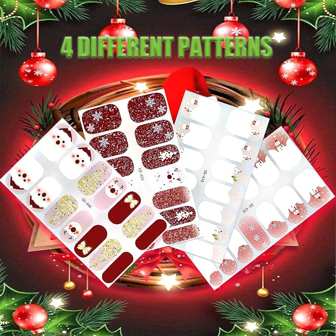 4 Sheets Christmas Gel Nail Stickers Snowflakes Gel Nail Polish Strips Xmas Elk Glitter Self-Adhesive Design Cute Winter Stickers Reindeer Full Wrap Gel Nail Strips Stickers for Acrylic Manicure DIY