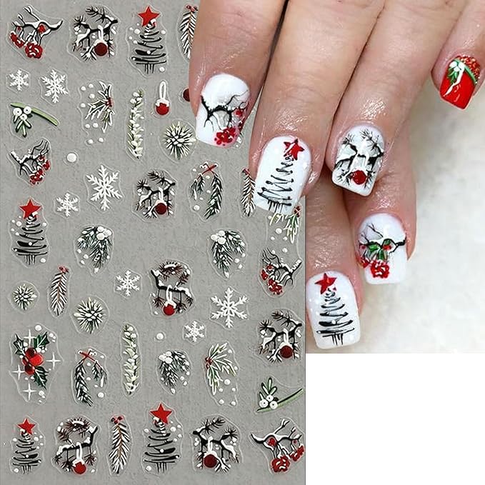 4 Sheets Christmas Nail Art Stickers 5D Embossed Self Adhesive Winter Grass Nail Decals Winter Christmas Tree Elk Snowflake Design Nail Stickers for Women Girls DIY Holiday Manicure Decoration