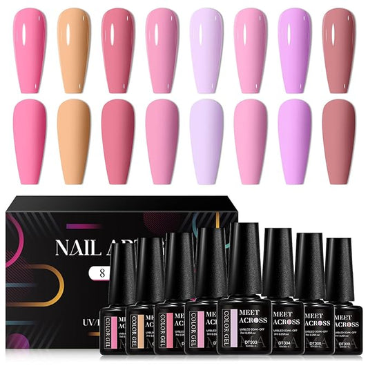 MEET ACROSS Pink Gel Nail Polish Set 8 Colors, Hot Pink Tones Light Soft to Dark Pink Shades Magenta Nail Art Design for Women Girl Nail Lovers Gift Salon DIY Halloween Gel Manicure Kit