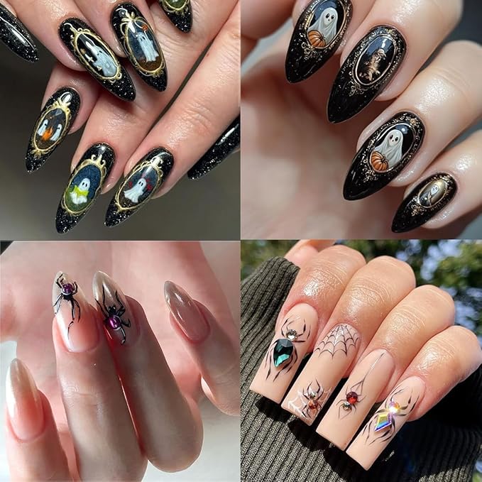 2 Sheets Halloween Nail Sticker for Nail Art 5D Embossed Spider Web Nail Art Stickers Rhinestone Spider Ghost Golden Edge Design Stickers Gothic Nail Decal Nail Art Supplies for Women Acrylic