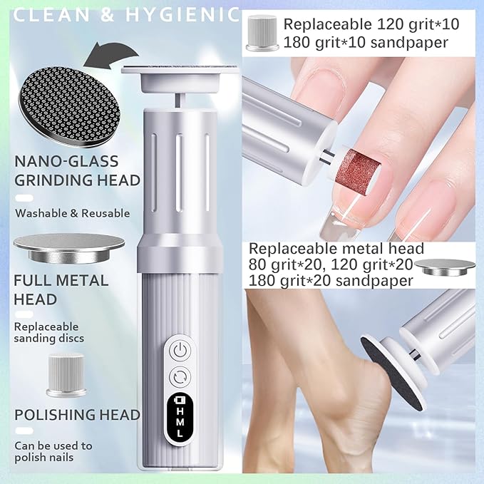 Electric Foot Callus Remover with Nano-Glass Head&Rechargeable Base,6 Speeds Cordless Electric Foot File with Digital Display,Callus Remover for Feet Dead Skin Home Spa Salon with 60Pcs Sandpaper Disk