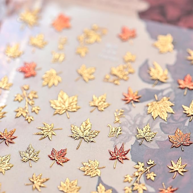 1 Sheets Embossed Fall Nail Stickers for Nail Art 5D Self-Adhesive Gold Maple Leaf Nail Decals Autumn Maple Leaves Nail Art Stickers Thanksgiving Nail Design Sticker for Women Nail Decoration