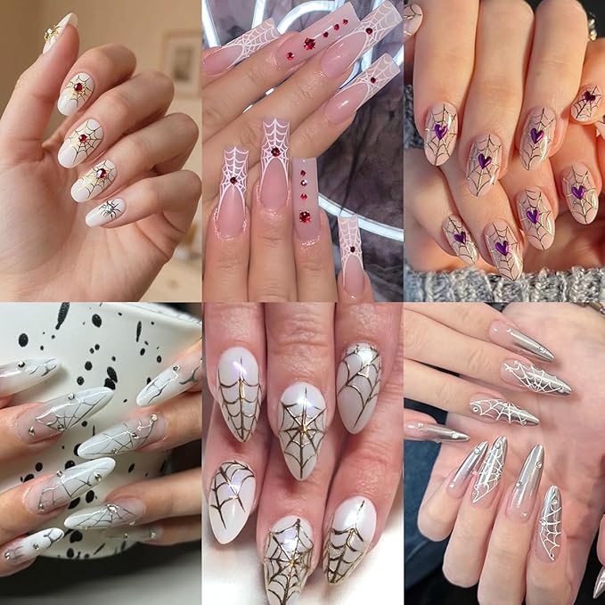 6 Sheets Halloween Scary Nail Stickers Gold Laser Silver White Nail Art Stickers Decals 3D Self-Adhesive Spider Web Bow Nail Decals for Women Halloween Party Nails Design Decoration Supplies