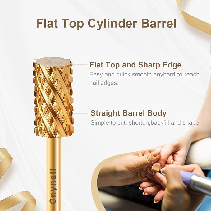 3/32" Large Barrel Flat Top Tungsten Carbide Nail Drill Bit Safety Bit for Gel & Acrylic Removal, 2-Way Rotating Efile Tip, Salon Electric File Accessory (4XC Grit, Gold)