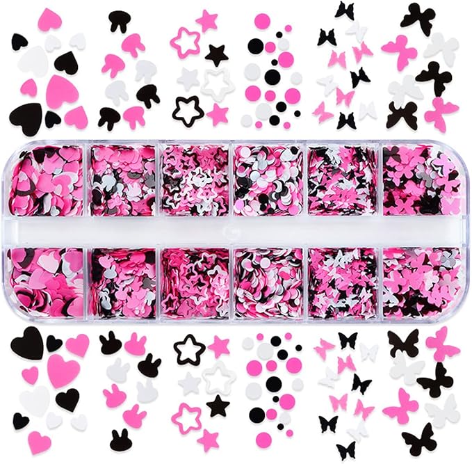 Nail Art Glitter Flakes 12 Grids Nail Sequins Love Heart Butterfly Stars Round Rabbit Nail Supplies Mixed 3 Colors Glitter Nail Charms Designs DIY Nail Decorations Nail Art Accessories for Women Girls