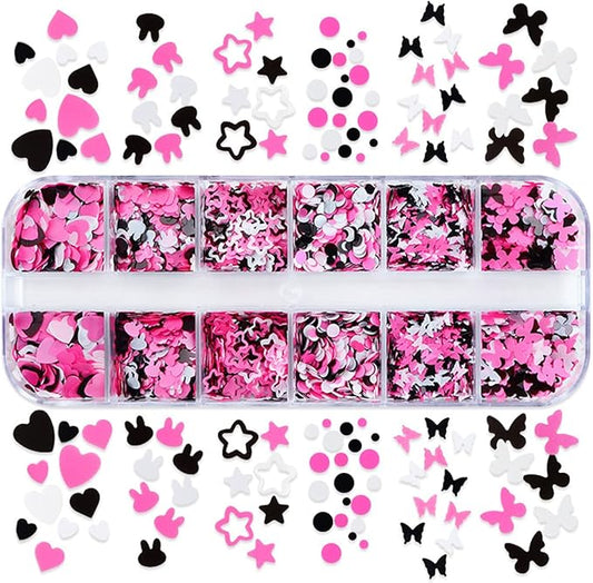 Nail Art Glitter Flakes 12 Grids Nail Sequins Love Heart Butterfly Stars Round Rabbit Nail Supplies Mixed 3 Colors Glitter Nail Charms Designs DIY Nail Decorations Nail Art Accessories for Women Girls