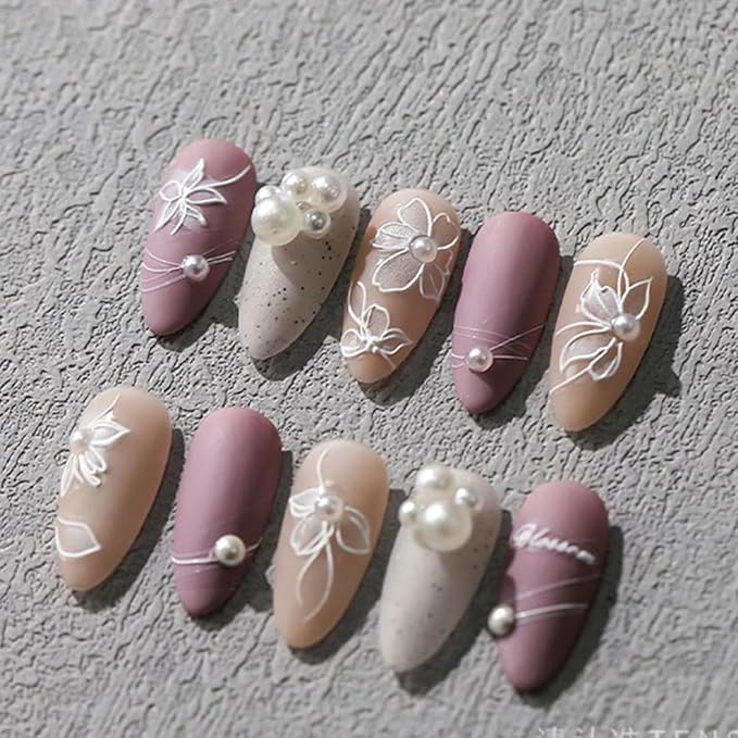 Flower Nail Stickers White Nail Art Stickers Pearl Floral Nail Decals Self-Adhesive 5D Embossed Nail Decals for Women Girls Acrylic Nails Manicure DIY Nail Supplies