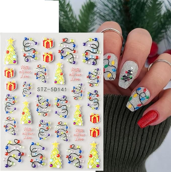 2 Sheets Embossed Christmas Nail Stickers for Nail Art New Year Colorful Light Strips Nail Art Stickers Winter Christmas Tree Nail Decals 5D Self-Adhesive Xmas Gift Box Nail Decoration for Women