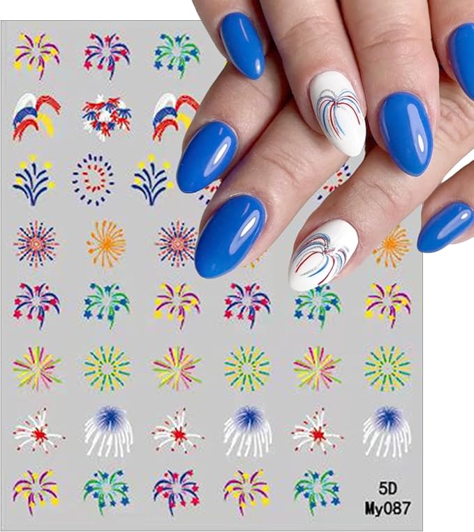 3Sheets Independence Day Colorful Firework Nail Art Stickers 4th of July Embossed Nail Art Decals Design,Holographic Patriotic Starry Sky Sparkling Fireworks for Women Memorial Day Manicure Decoration