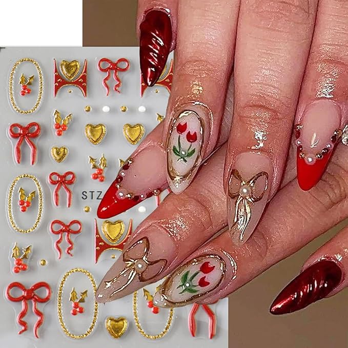 2Sheets Christmas Nail Art Stickers 5D Embossed Winter Nails Decals French Nail Stickers for Nail Art Self Adhesive Red Gold Heart Bow Design Christmas Sticker for Women Holiday DIY Manicure Supplies