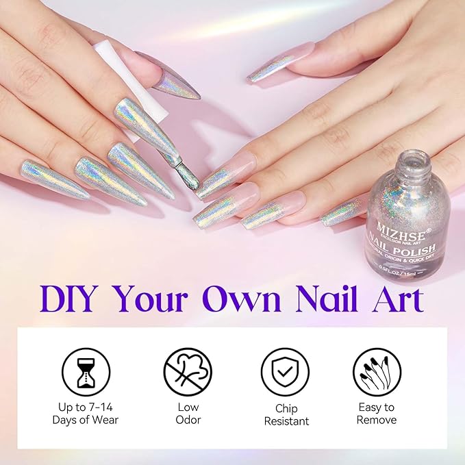 MIZHSE Holographic Nail Polish, Silver Glitter Nail Polish Air Dry Fast, 15 ml 0.5 fl oz High Glossy Shiny Nail Pigment Oil-based Laser Iridescent Nail Lacquer Chrome Halo Nail Art Salon Manicure Home