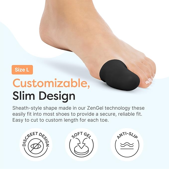 ZenToes 6 Pack Gel Toe Cap and Protector - Cushions and Protects to Provide Relief from Missing or Ingrown Toenails, Corns, Blisters, Hammer Toes (Large, Black)