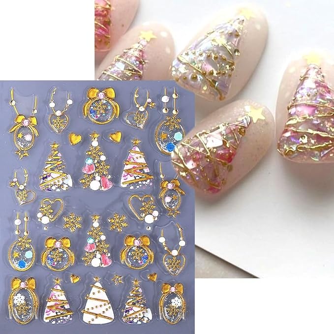 3 Pcs Christmas Nail Art Stickers 5D Embossed Bow Snowball Nail Stickers Xmas Tree Elk Nail Decals Red Gold Bow Snowflake Nails Supplies Winter Holiday Nails Decor for DIY Christmas Party Nail Designs