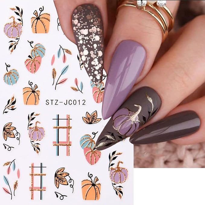 6Pcs Fall Nail Stickers for Nails Art Cute Pumpkin Nail Decals Maple Leaf Nail Art Stickers 3D Self-Adhesive Autumn Leaf Nails Supplies Thanksgiving Manicure Sliders for Women Nails Art Decorations