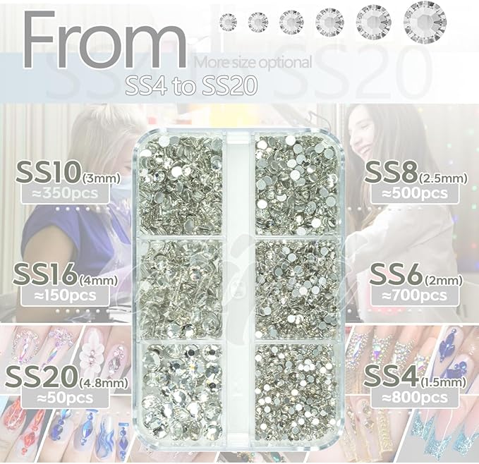 2550pcs Crystal Clear Nail Art Flatback Rhinestones for Face Makeup, White Nail Gems Gemstones K9 Glass SS4SS20 6 Sizes Bling Diamonds Stones w Tweezer & Wax Picking Pen for DIY Crafts