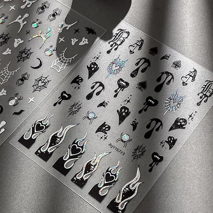 3 Sheets Halloween Nail Stickers Decals Gothic Ghost Nail Art Stickers Self-Adhesive Retro Dark Wind Flame Blood Nails Design Stickers 3D Goth Spider Web Nails Supplies for Women Nail Decorations