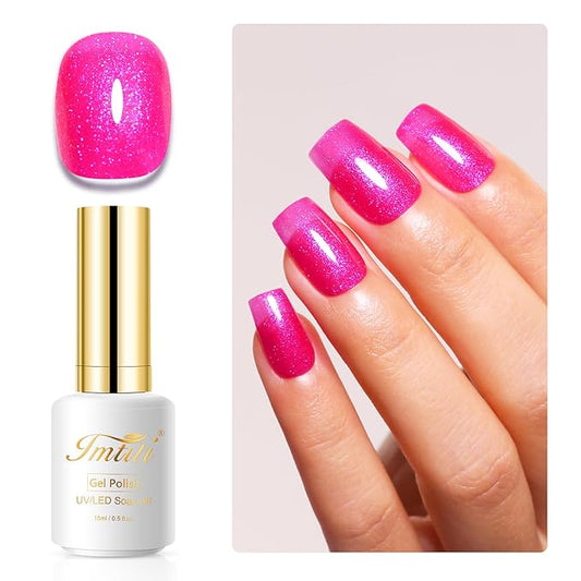 Imtiti Glitter Gel Nail Polish, 15ML Hot Pink Iridescent Glitter Gel Polish Soak Off LED UV Diamond Shimmer Sparkle Nail Gel Polish Fall Winter Manicure Gel Nail Polish Kit