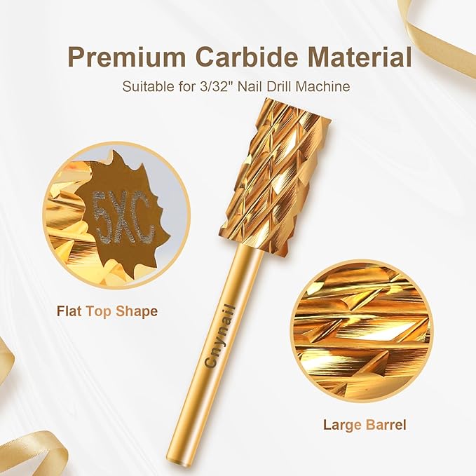 3/32" Large Barrel Flat Top Tungsten Carbide Nail Drill Bit Safety Bit for Gel & Acrylic Removal, Right-Way Rotating Efile Tip, Salon Electric File Accessory (5XC Grit, Gold)