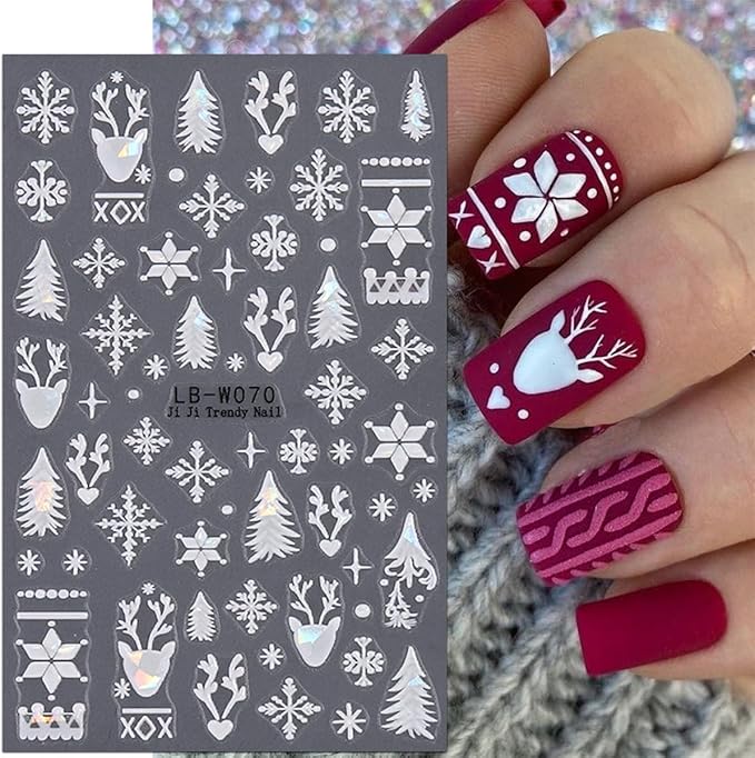 4 Sheets Christmas Nail Art Stickers - Blue Snowflake & White Reindeer Nail Decals - 3D Self-Adhesive Winter Holiday Supplies