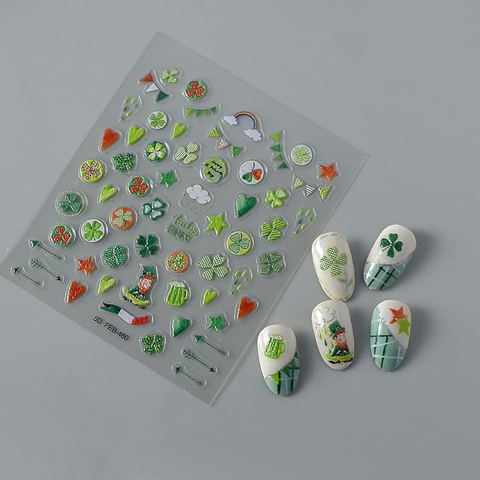 St. Patrick's Day Nail Art Stickers Green Shamrock Nail Stickers 5D Embossed Nail Decals Self-Adhesive Nails Design Green Nail Art Supplies Manicure Sliders St. Patrick's Sticker for Nails Decoration