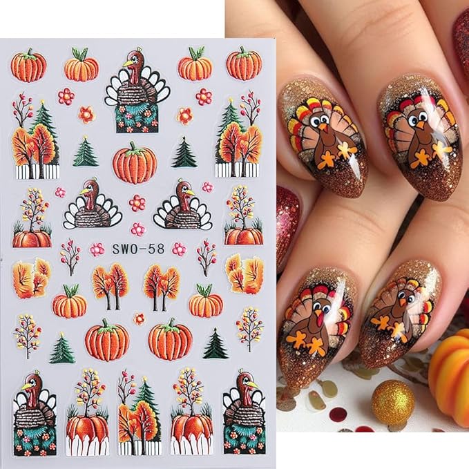3D Fall Nail Stickers for Nail Art Thanksgiving Pumpkin Nail Art Stickers Maple Leaf Tree Nail Decals Autumn DIY Self Adhesive Nail Design Supplies Nail Decoration for Women Manicure Accessories 4Pcs