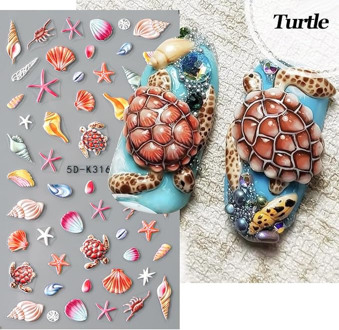 2pcs Summer Nail Stickers Starfish Seashell Turtle 5D Acrylic Engraved Nail Decals Ocean Theme Self-Adhesive Sliders Beach Nail Stickers for Women Girl Manicure Decoration Nails Supplies