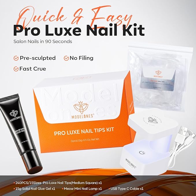 modelones Gel Nail Kit Square, 15Sizes False Nail Tips Instant Apex Solid Glue & Mini LED Light, Medium Square Pre-Building Strong Thick Acrylic Press on Tips U/V Lamp Extension Kit Women Gift 240Pcs