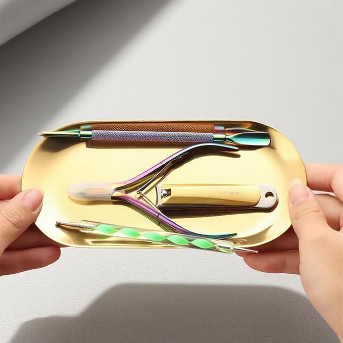 2 Pack Stainless Steel Gold Decorative Tray, Small Oval Perfume Jewelry Trinket Dish, Candle Key Manicure Tools Metal Placing Plate, Bathroom Vanity Trays for Dresser Counter