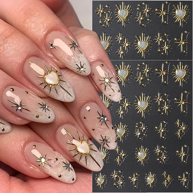 2 Sheets Gold Star Nail Decals for Nail Art Celestial Nail Stickers Embossed Star Nail Decals with Diamond Designs 5D Self-Adhesive Sun Nail Supplies for Women DIY Manicure Nails Decoration