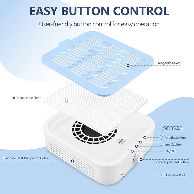 LIONVISON Nail Dust Collector for Acrylic: 120W Professional Nails Dust Collector With Reusable HEPA Filter For Home Salon Use - Portable 3 Speed Vacuum DIY Manicure For Nail Art Beginners (Blue)