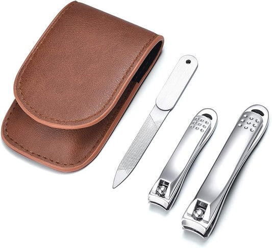 Nail Clipper Set - Stainless Steel Fingernail Clippers Toenail Curved Blades Nail Cutter and Nail File w/PU Sheath for Men Women