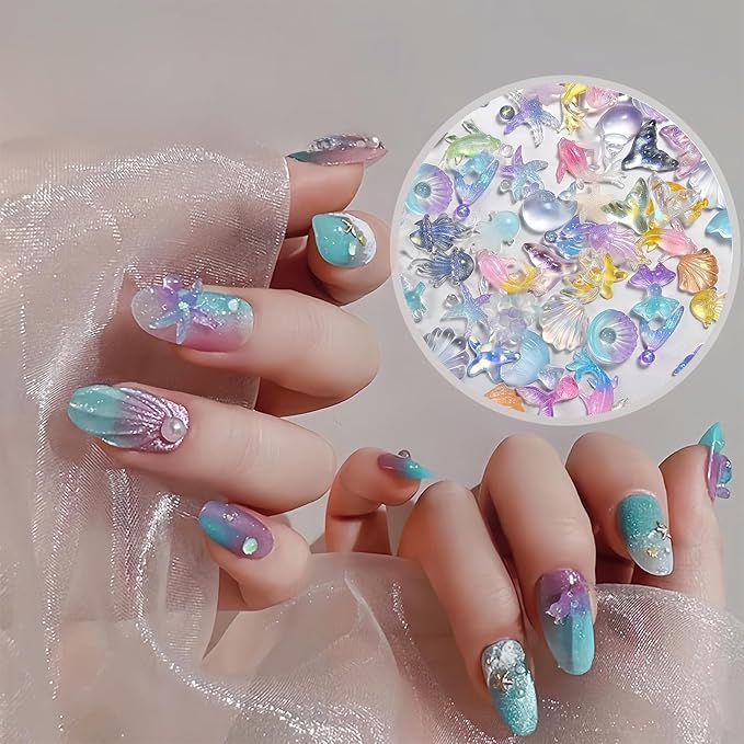 100PCS Summer Beach Nail Resin Charms Summer Ocean Theme Nail Rhinestone Diamonds 3D Starfish Charms for Nails Sea Shell Starfish Dolphin Fishtail Nail Gem for Women Nail Supplies Manicure Decoration