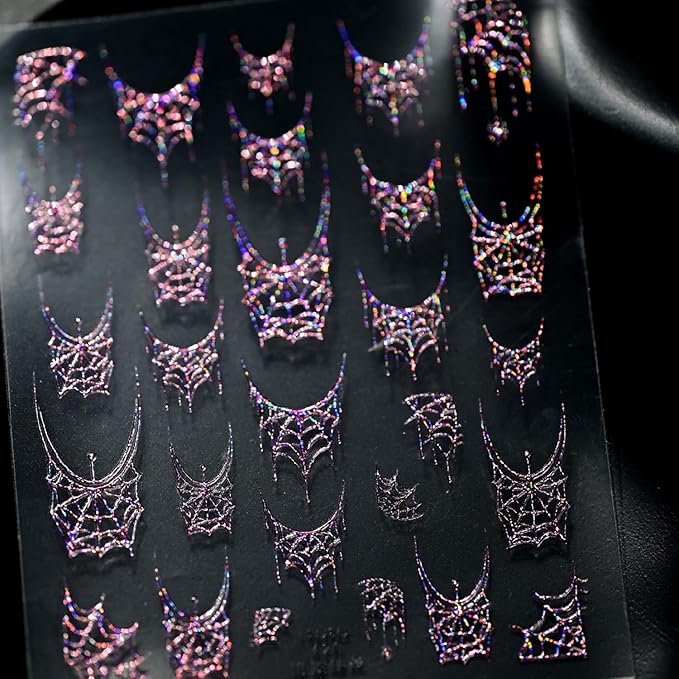 1 Sheets Halloween Nail Stickers for Nail Art 5D Self-Adhesive Embossed Pink Spider Web Nail Art Stickers Halloween Spider Web Nail Decals Glitter Nail Design Sticker for Women DIY Nails Decoration