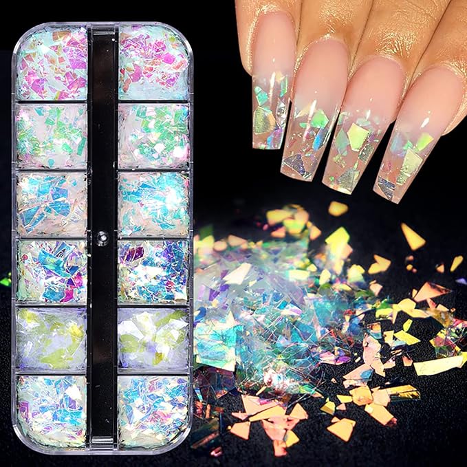 12 Colors Holographic Nail Art Glitter Sequins Iridescent Ice Slag Nail Glitter Flakes Irregular Mermaid Nail Sequins Colorful Fluorescent Glass Paper Nail Decoration for Face Hand Body Make-up DIY