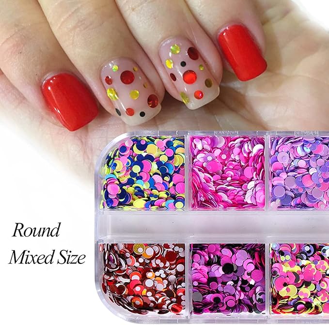 12 Colors Laser Mixed Circle Nail Glitter Sequins 3D Nail Art Accessories Holographic Round Shape Flakes Nail Art Design Acrylic Nails Supplies Women Manicure Beauty Decor DIY Crafts Decorations