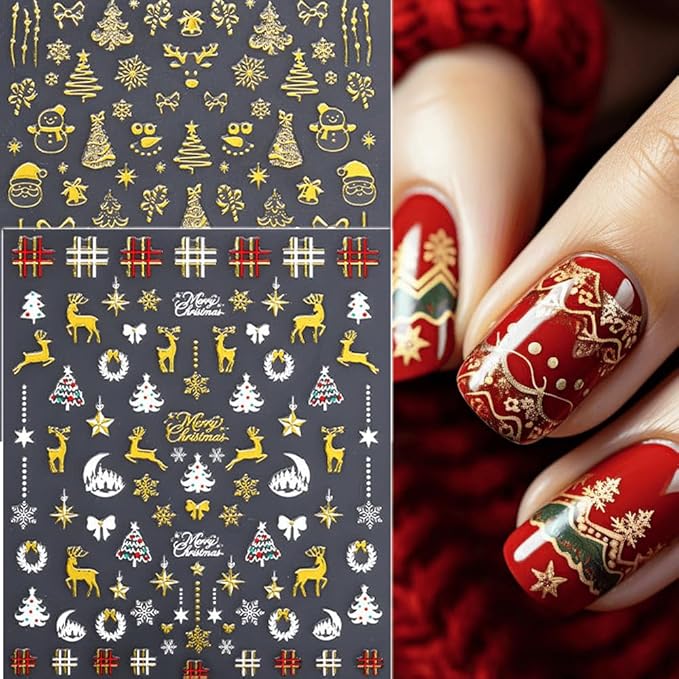 6Pcs Christmas Nail Stickers 3D Golden Christmas Tree Deer Nail Stickers for Nail Art DIY Self Adhesive Nail Decals Gold Bow Snowflake Nail Decoration Supplies Holiday Manicure Accessories for Women