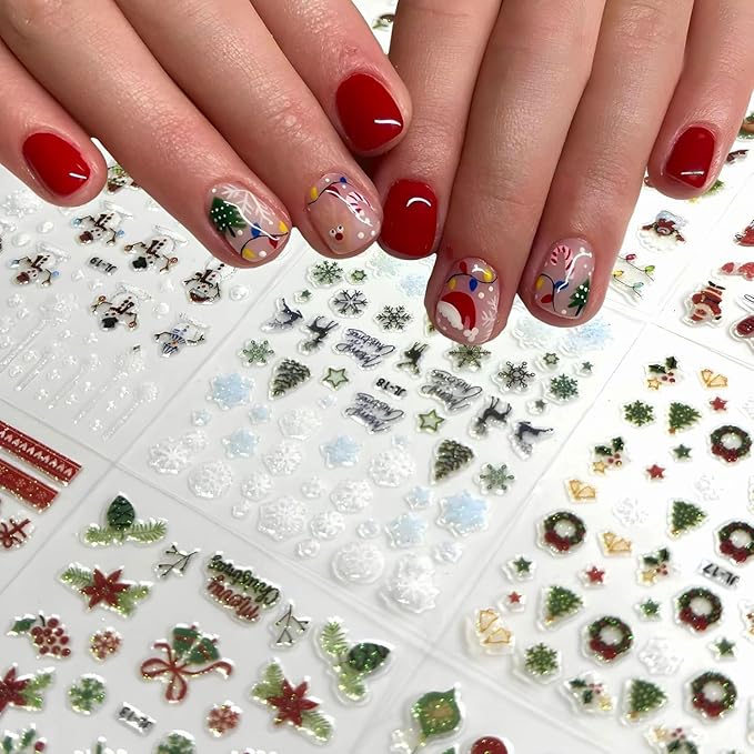 30 Sheets Christmas Nail Stickers Snowflake Snowman Nail Decals 3D Self-Adhesive Elk Gingerbread Man Design Winter Nails Art Stickers for Women Holiday Manicure DIY